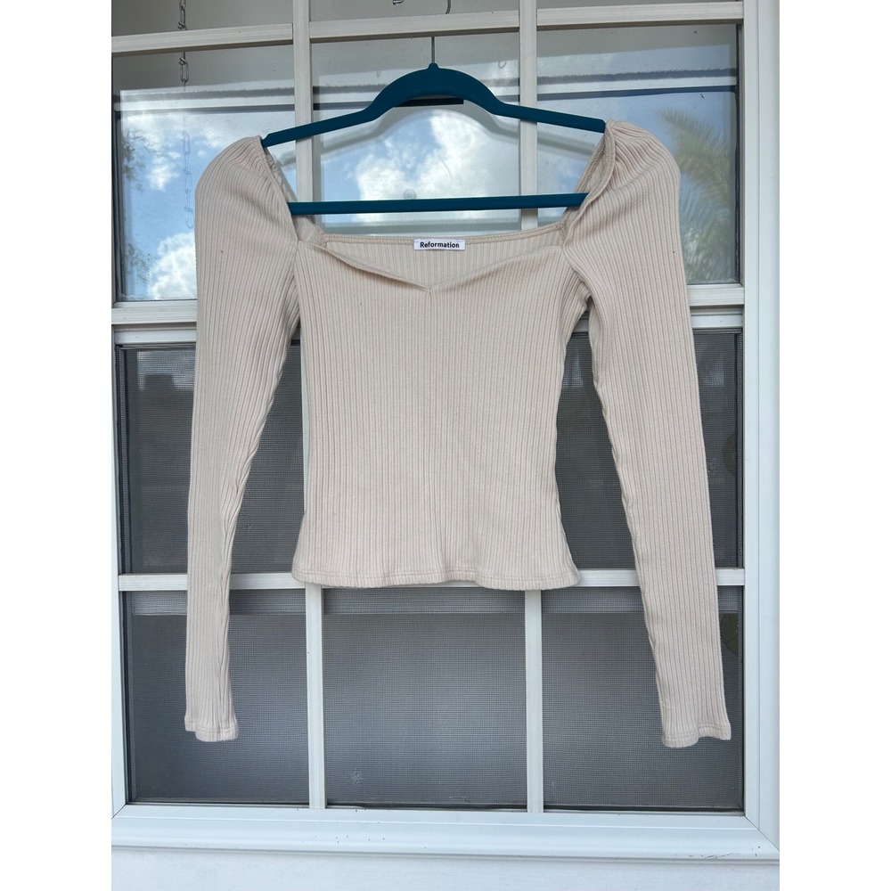 Reformation Cream Ribbed Sweetheart Neck Long Sleeve Top Small Slim Fit USA
